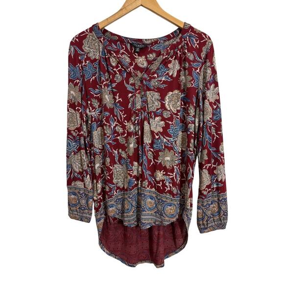 Lucky Brand Women L Boho Long Sleeve Hi/Low Border Print Tunic Blouse Casual - Picture 1 of 7